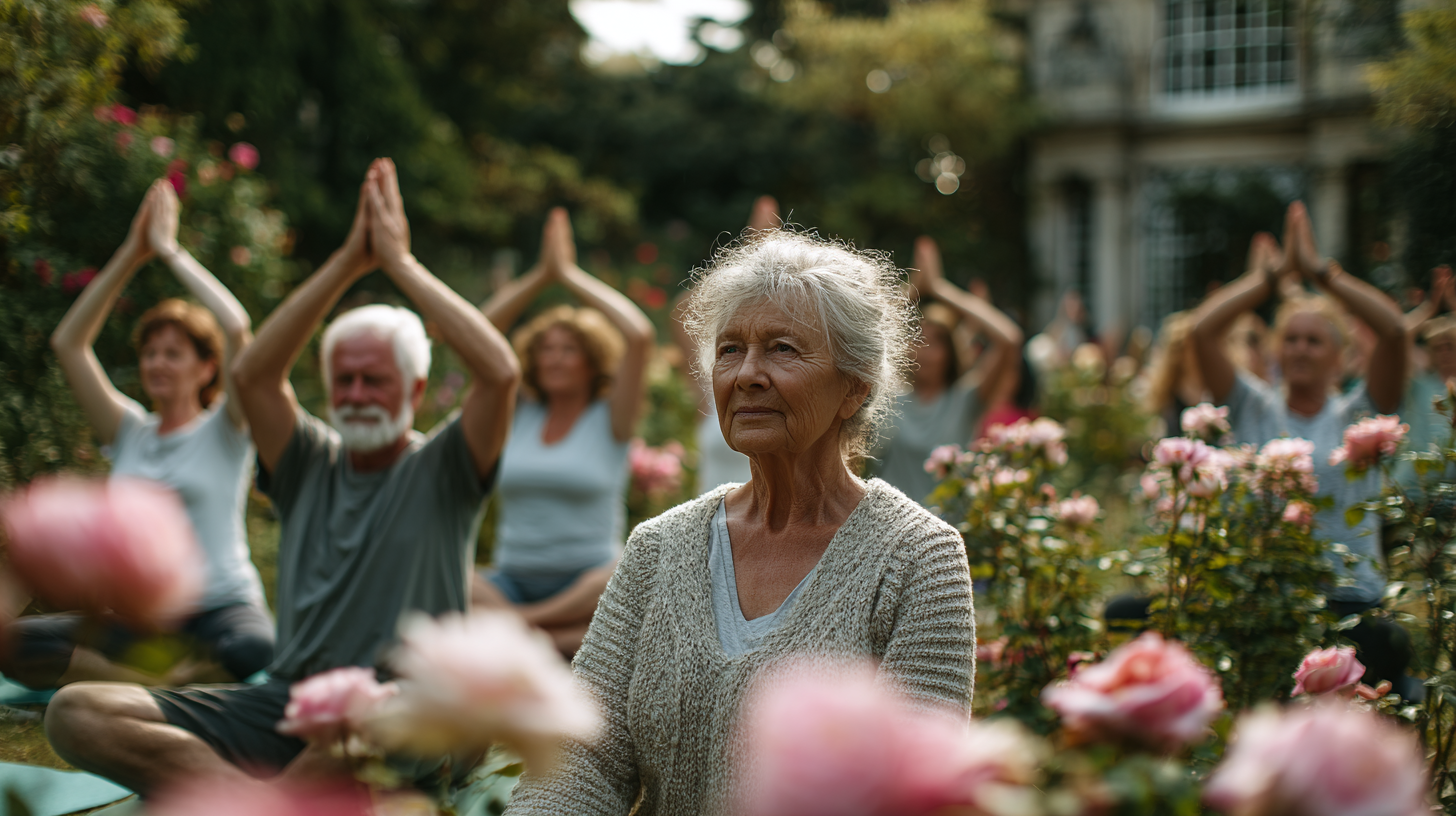 Група зрілих людей практикує йогу в спокійній атмосфері