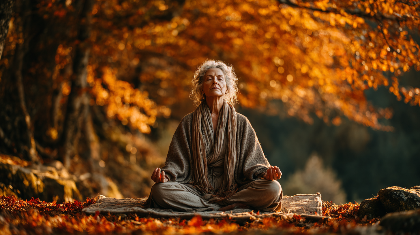 Зріла жінка в позі медитації демонструє спокій та зосередженість